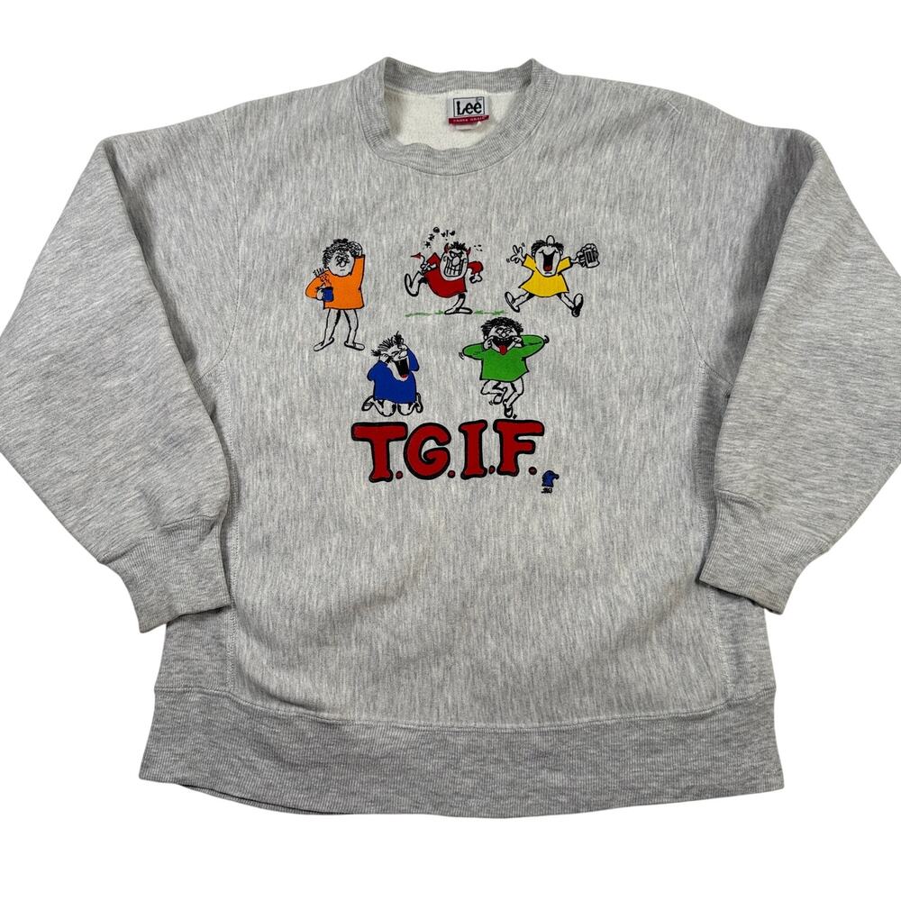 Vintage Lee Cross Grain Sweatshirt TGIF Cartoon Graphic Gray Size Large USA